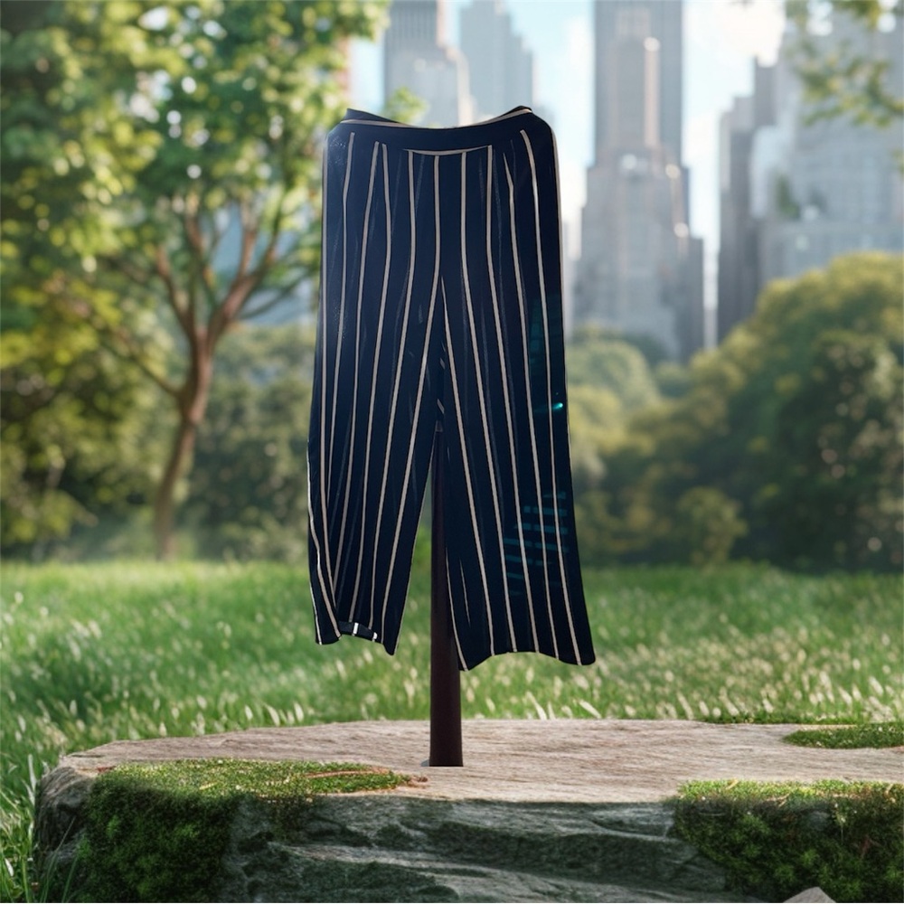 Stylish Navy Blue and White Striped Wide leg Pants elastic back waist SZ:XL EUC